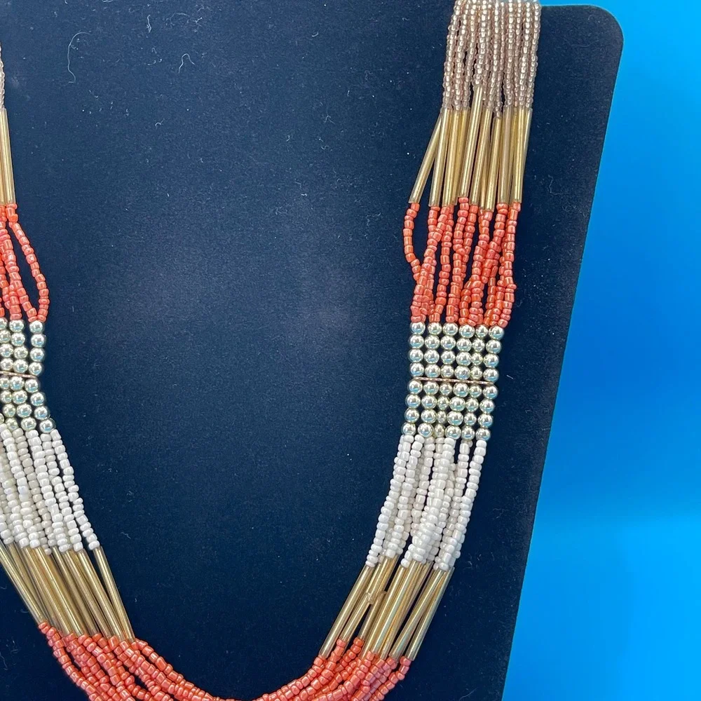 ALDO Seed Beaded Multi Strand Necklace‎ Coral White Gold Tone Boho Statement
